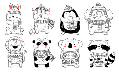 Vector collection of cute animals in clothes for Christmas and New Year. Doodle line isolated illustration. Penguin, panda, rabbit. Winter holidays, baby shower, birthday, children's party