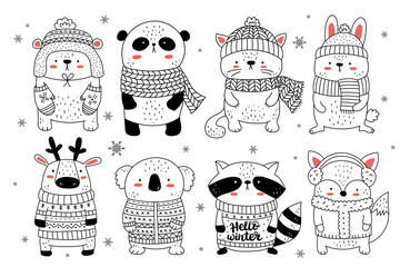 Vector collection of cute animals in clothes for Christmas and New Year. Doodle line isolated illustration. Bear, deer, rabbit. Winter holidays, baby shower, birthday, children's party