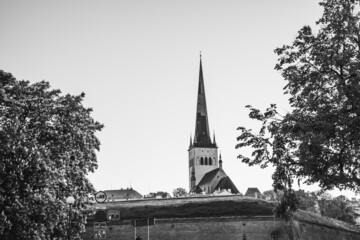 Spire of the catholic church. Historical district of the city. Black and white photography. Vintage (1099)