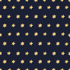 Christmas seamless pattern with   golden stars on dark navy blue background. Hand painted watercolor illustration. Great for fabrics, wrapping paper, greeting cards.
