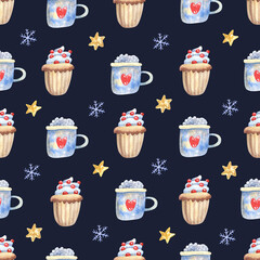 Winter seamless pattern with coffee mugs with marshmallow and cupcakes decorated with berries on dark. Hand painted watercolor illustration. Great for fabrics, wrapping paper, Christmas greeting cards