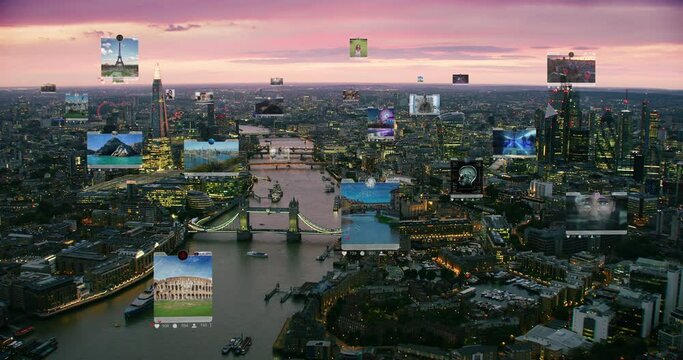 Connected Aerial City With Several Interfaces. Futuristic Concept. Augmented Reality over London. Social Media over England.