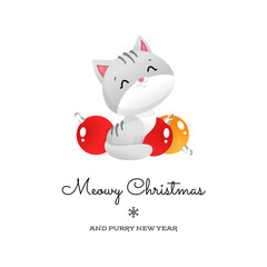 Merry Christmas card with cartoon cat. Winter holiday illustration of a cute little kitten and christmas decorations isolated on a white background. Vector illustration 10 EPS.