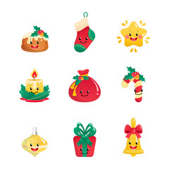 Set of cartoon Christmas icons. Collection of winter holiday symbols with cute faces: a pudding, a Santa Claus bag, a gift box, a star, a candy cane, a bell, a candle, a ball and a sock. 