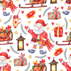 Seamless pattern with Christmas decorations,  Santa,  sleigh with presents on white background. Hand painted watercolor illustration. Great for fabrics, wrapping paper, greeting cards.