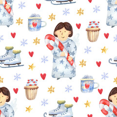 Christmas seamless pattern with cute angels, skates, coffee mugs and cupcakes decorated with berries on white. Hand painted watercolor illustration. Great for fabrics, wrapping paper, greeting cards