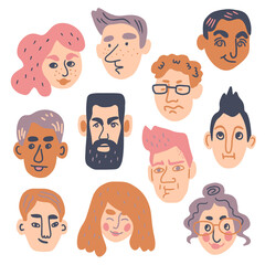 Fototapeta premium Set of different human faces with various expressions. Doodle style hand drawn vector illustration