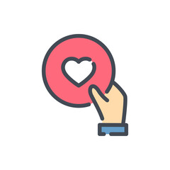 Hand holding circle with heart color line icon. Give love vector outline colorful sign.