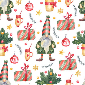 Seamless pattern with funny gnomes and Christmas decorations on white background. Hand painted watercolor illustration. Great for fabrics, wrapping paper, greeting cards.