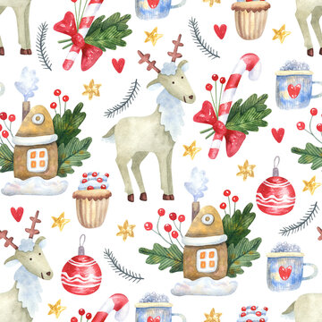 Seamless pattern with cute reindeer, Christmas decorations and sweets on white background. Hand painted watercolor illustration. Great for fabrics, wrapping paper, greeting cards.