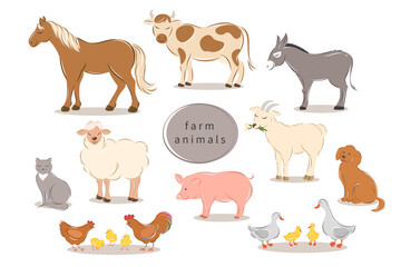 Farm animals set on white background. Cartoon animals collection: horse, cow, donkey, sheep, goat, pig, cat, dog, duck, goose, chicken, rooster. Vector illustration. 