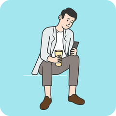 Man sitting and relaxing, using smartphone and holding a cup of coffee, 2D character activity, illustration design and isolated background.