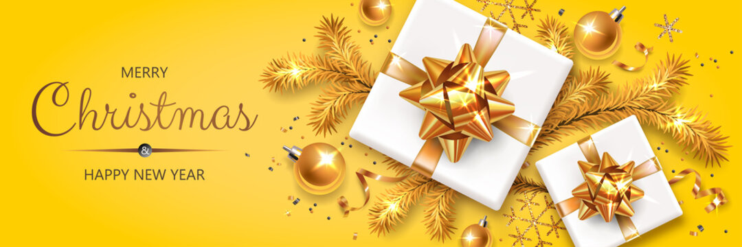 Horizontal banner with gold Christmas symbols and text. Christmas tree, gifts, serpentine and snowflakes on yellow background.