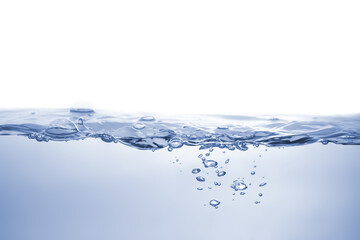 Water splash on blue background. Aqua flowing in waves and creating bubbles. Drops on the water surface feel fresh and clean.