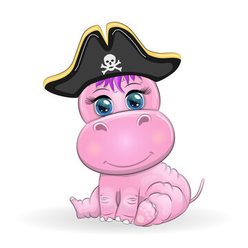 Hippopotamus pirate, cartoon character of the game, wild animal in a bandana and a cocked hat with a skull, with an eye patch. Character with bright eyes
