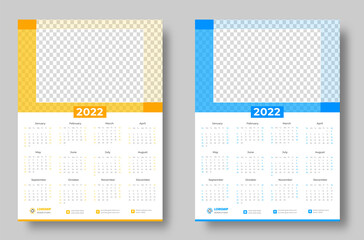2022 wall calendar design template single page with yellow and blue color week start Sunday.