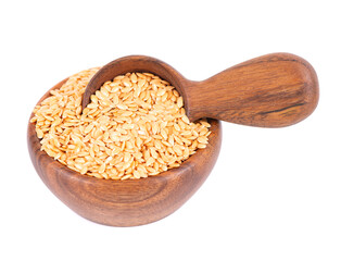 Golden flax seeds in wooden bowl and spoon, isolated on white background. Heap of dry flaxseed or linseed.
