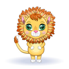 Cartoon lion with expressive eyes. Wild animals, character, childish cute style