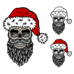 Christmas Skull Santa Claus with glasses, red hat and beard. Vector cartoon Illustration. Isolated on white background. Creepy Christmas style character for card, t-shirt.