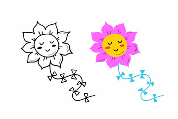 Hand drawn colored and flying kite in form of flower. Flat vector illustration.