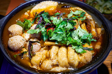 A delicious Chinese Guangxi special dish, snails and duck feet in clay pot