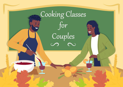 Fall cooking classes for couples poster flat vector template. Autumn activity. Brochure, booklet one page concept design with cartoon characters. Dating flyer, leaflet with copy space