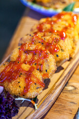 A delicious Chinese dish, fried eggplant stuffed with meat, eggplant box