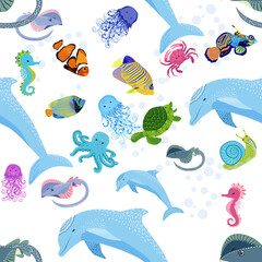 Marine life, fish, animals bright seamless pattern. sea travel, underwater diving animal tropical fish. Jellyfish, whale, shark, seahorse, clown fish, dolphin, turtle, emperor