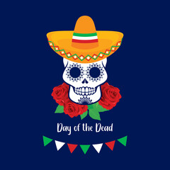 Day of the Dead Poster with decorative sugar skull vector. Mexican decorative sugar skull with sombrero hat and red roses icon vector. Mexican holiday. Important day