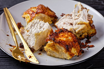 Roasted pork loin chopped into pieces, close-up