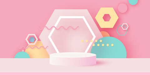 3D Podium scene or pedestal on pastel background with minimal geometric shapes paper cut craft studio for display product mockup design. Circles, hexagons.