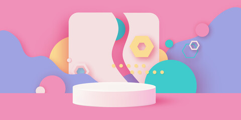 3D Podium scene or pedestal on pastel background with minimal geometric shapes paper cut craft studio for display product mockup design. Waves,circles, hexagons.