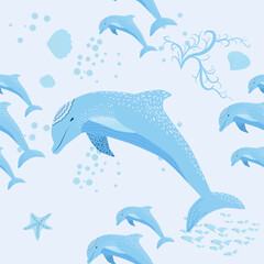 Dolphin, sea inhabitants seamless pattern, beautiful character among seashells, algae, starfish, marine wildlife