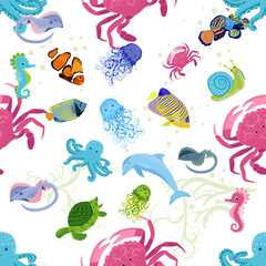 Marine life, fish, animals bright seamless pattern. sea travel, underwater diving animal tropical fish. Jellyfish, whale, shark, seahorse, clown fish, dolphin, turtle, emperor