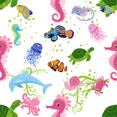 Marine life, fish, animals bright seamless pattern. sea travel, underwater diving animal tropical fish. Jellyfish, whale, shark, seahorse, clown fish, dolphin, turtle, emperor