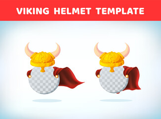 Viking Helmet with horns. Masquerade costume headdress. Carnival or Halloween mask. Cartoon Vector illustration. Red cape. Cartoon template.