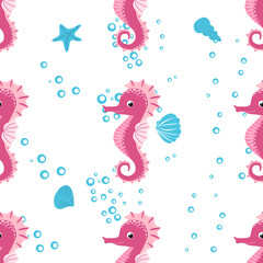 Seahorse, sea inhabitants seamless pattern, beautiful character among seashells, seaweed, starfish, marine