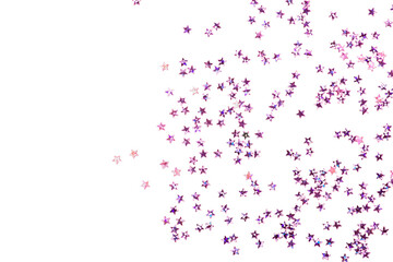Violet confetti in the form of stars isolated on white background. Festive day backdrop. Flat lay style with minimalistic design. Template for banner or party invitation