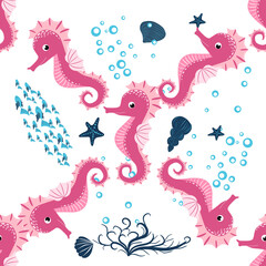 Seahorse, sea inhabitants seamless pattern, beautiful character among seashells, seaweed, starfish, marine