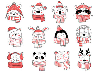 Vector collection of cute animals in clothes for Christmas and New Year. Doodle line isolated illustration. Winter holidays, baby shower, birthday, children's party