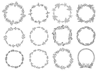 Vector collection of  wreaths for Christmas and New Year. Doodle line drawn isolated illustration. Winter holidays, baby shower, birthday, children's party