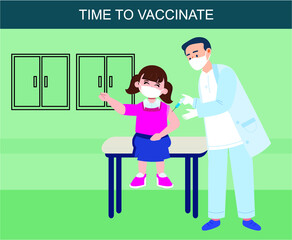 Children vaccination concept for immunity health. Doctor pediatrician makes an injection of flu vaccine to a kid in hospital. prevention and immunize.