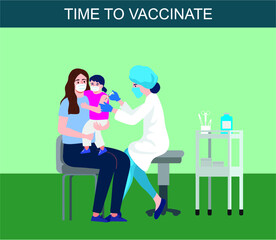 Children vaccination concept for immunity health. Doctor pediatrician makes an injection of flu vaccine to a kid in hospital. prevention and immunize.