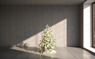 Christmas concept interior room, christmas tree, white room interior with wooden floor.