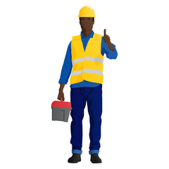 African-American construction worker with toolbox showing thumb up. Vector flat style illustration isolated on white