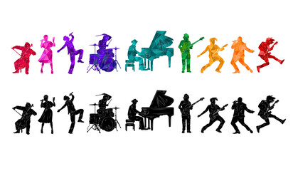 Silhouettes of musicians. Group of people with musical instruments illustration. Music rock'n'roll vector	