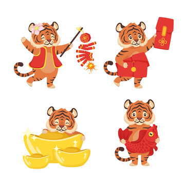 Vector cartoon style set of cute tiger