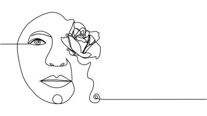 Woman face with flowers one line drawing. Continuous line drawing art. Flower bouquet in woman
