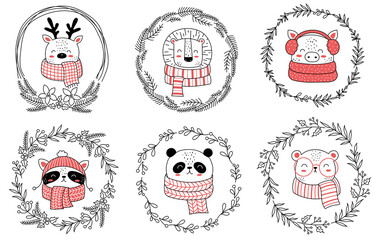 Vector collection of cute animals in clothes with wreath for Christmas and New Year. Doodle line isolated illustration. Winter holidays, baby shower, birthday, children's party