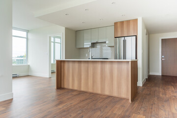 Fototapeta na wymiar Modern, bright, clean empty kitchen interior with stainless steel appliances in a luxury house.